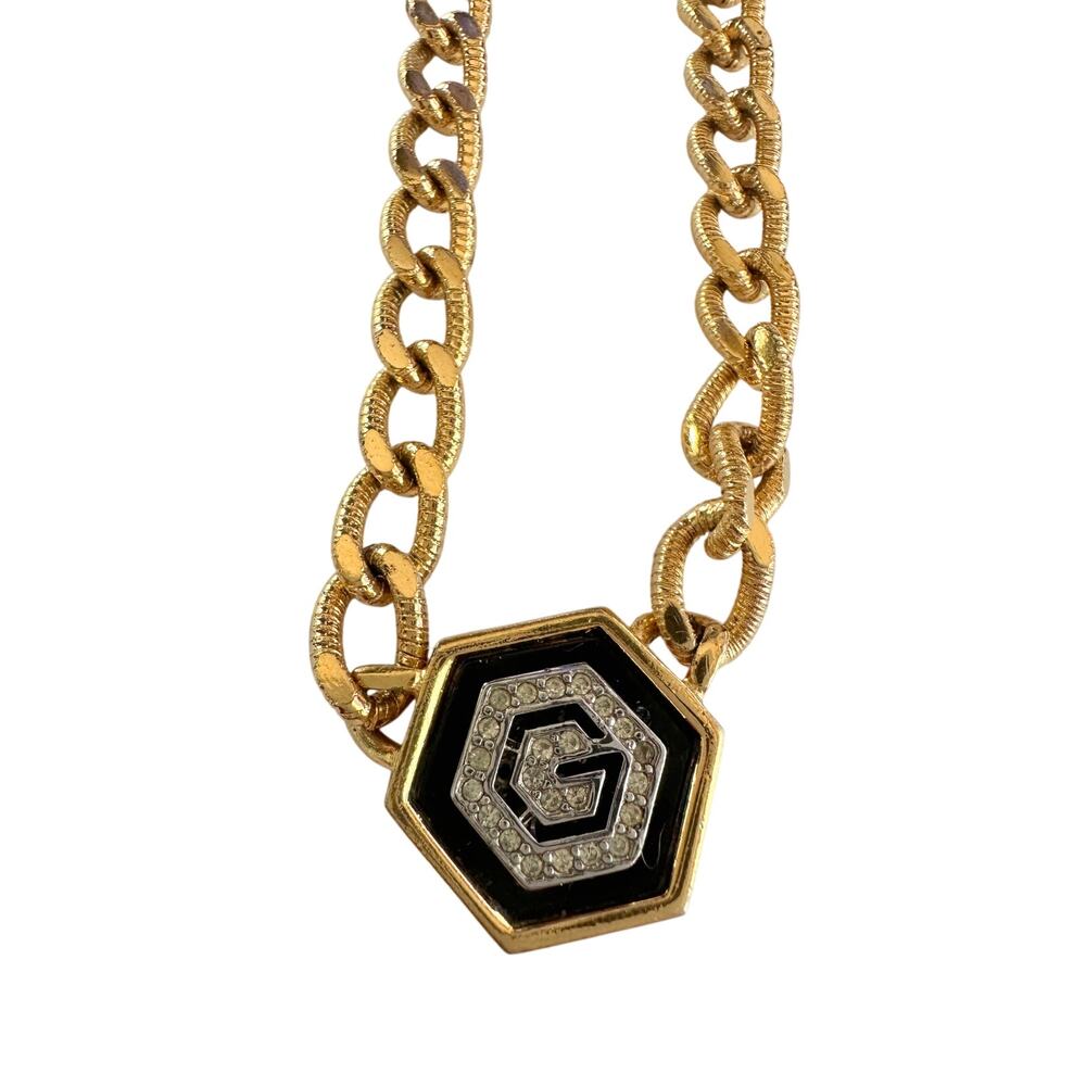 Givenchy Necklace with "G" in Hexagonal Pendant of Black Enamel and Rhinestones - Picture 7 of 15
